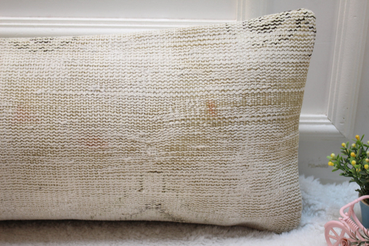 Beige Floral Turkish Rug Pillow: Handmade Lumbar Pillow Cover (12x36 in)