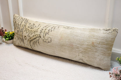 Beige Floral Turkish Rug Pillow: Handmade Lumbar Pillow Cover (12x36 in)