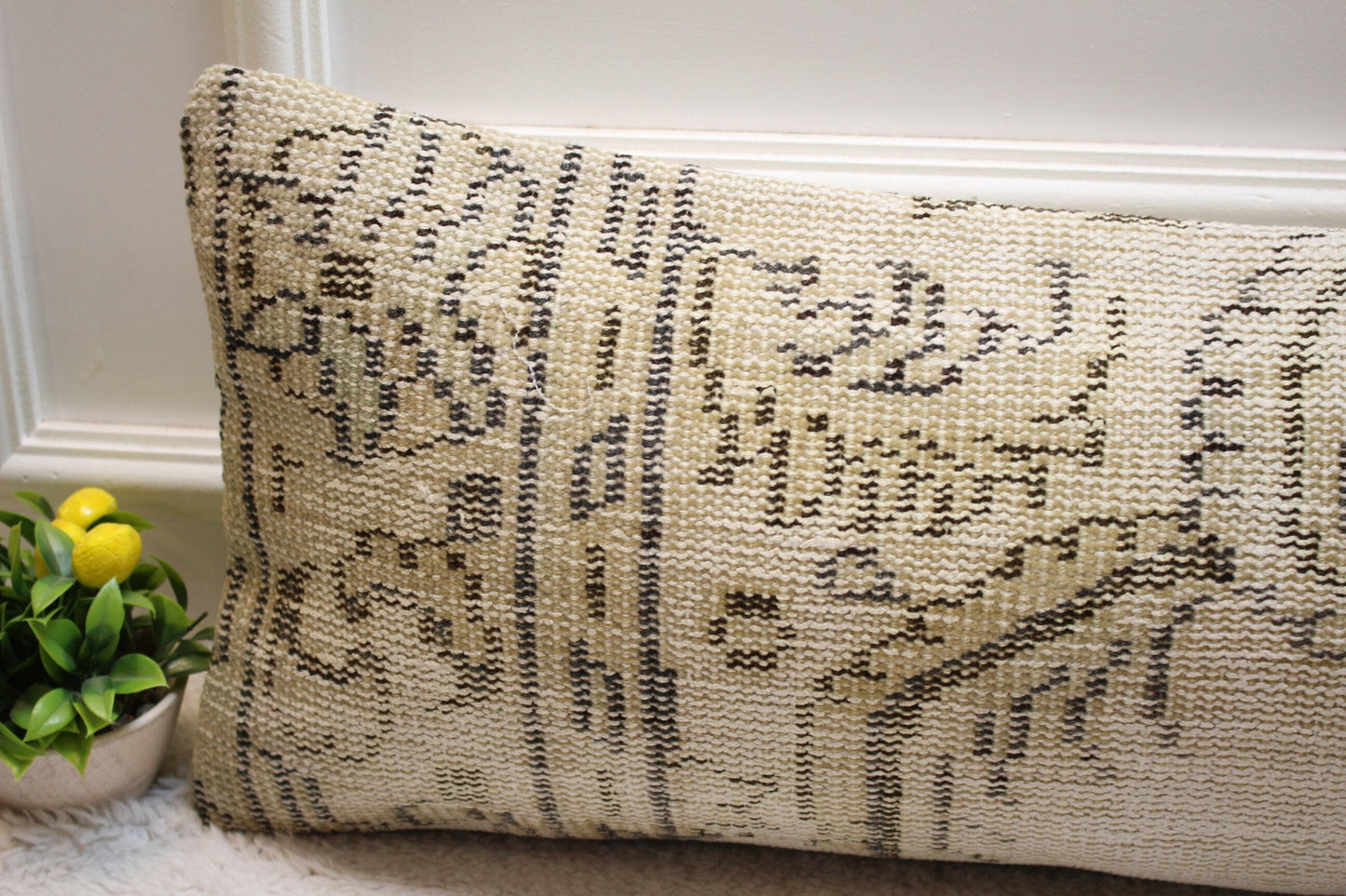 Beige Floral Turkish Rug Pillow: Handmade Lumbar Pillow Cover (12x36 in)