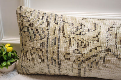 Beige Floral Turkish Rug Pillow: Handmade Lumbar Pillow Cover (12x36 in)