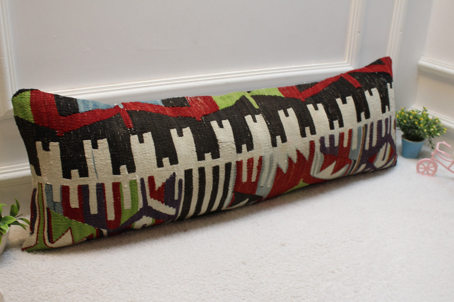 Geometric Kilim Lumbar Pillow Cover: Handmade Woven Rug, 12x36 inch