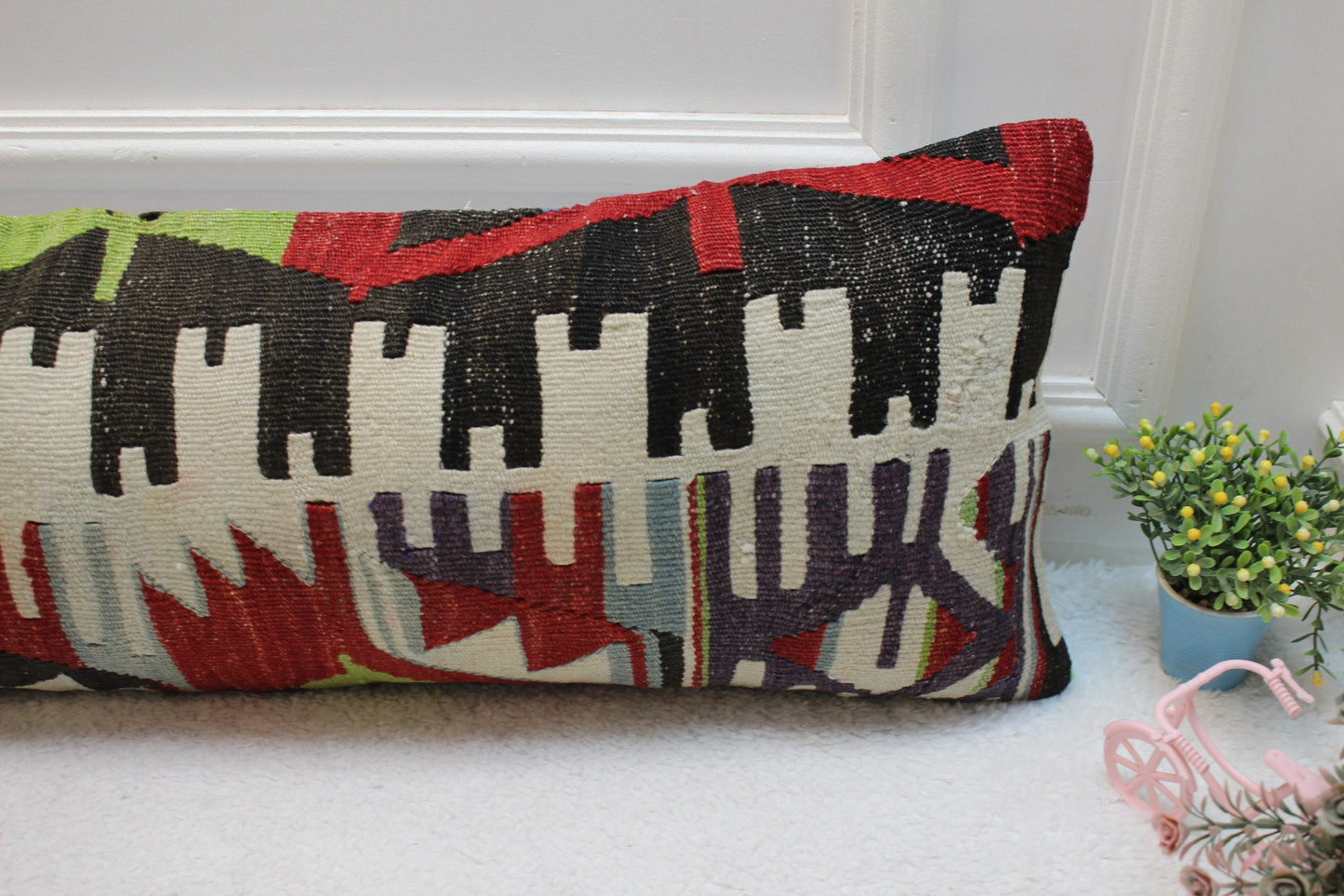 Geometric Kilim Lumbar Pillow Cover: Handmade Woven Rug, 12x36 inch
