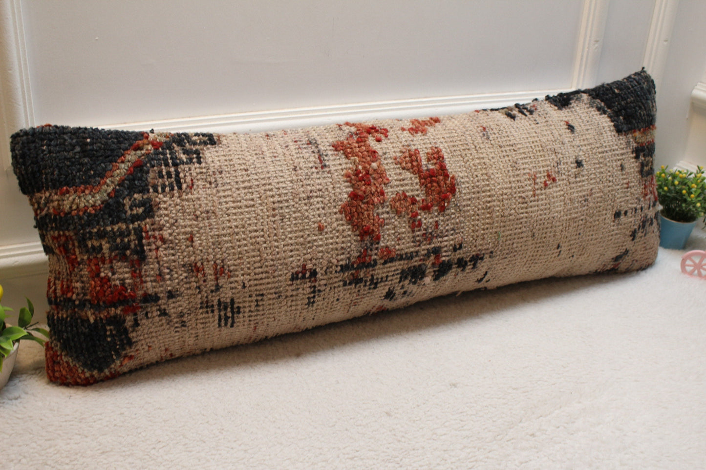 Handmade Kilim Lumbar Pillow Cover: Beige Woven Rug Pillow, 12x36