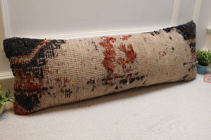 Handmade Kilim Lumbar Pillow Cover: Beige Woven Rug Pillow, 12x36