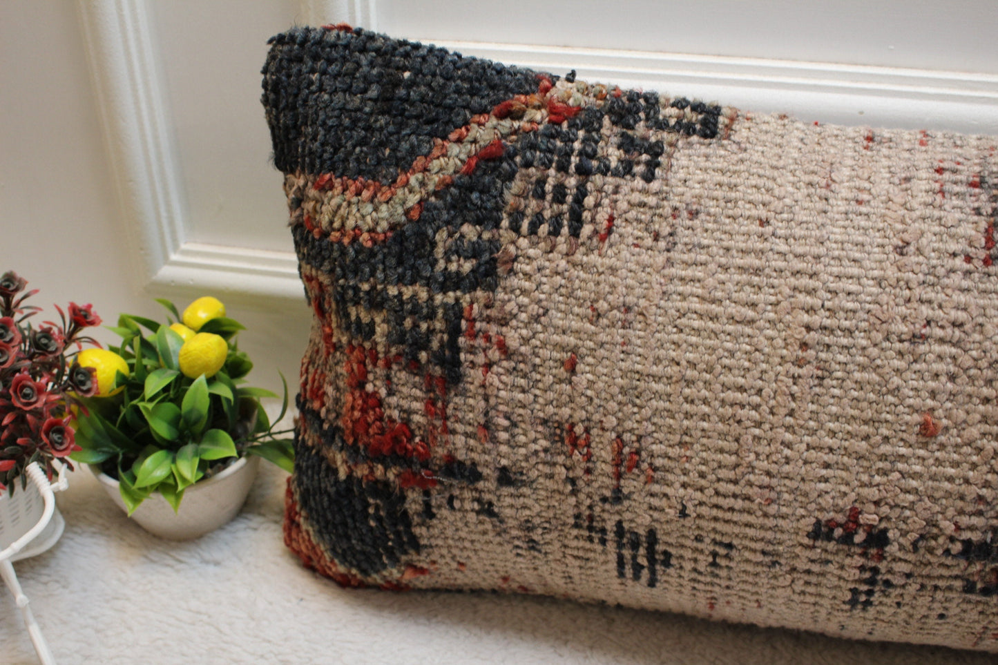Handmade Kilim Lumbar Pillow Cover: Beige Woven Rug Pillow, 12x36