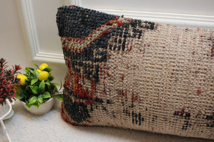 Handmade Kilim Lumbar Pillow Cover: Beige Woven Rug Pillow, 12x36