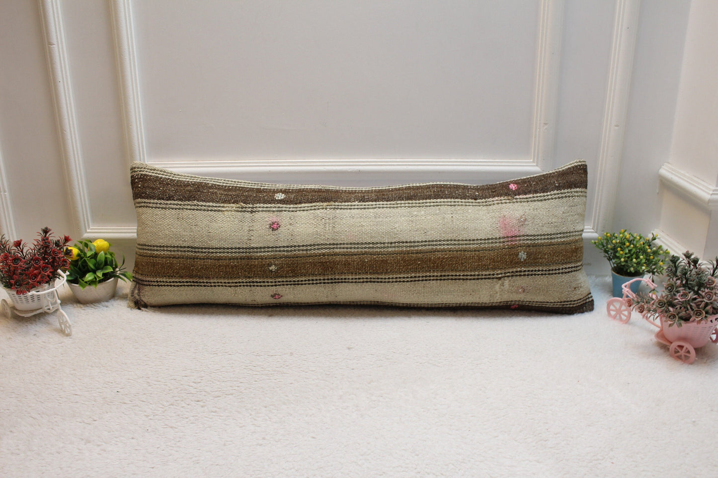 Striped Kilim Lumbar Pillow Cover: Beige & Brown, 12x36 inch