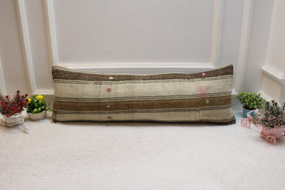 Striped Kilim Lumbar Pillow Cover: Beige & Brown, 12x36 inch