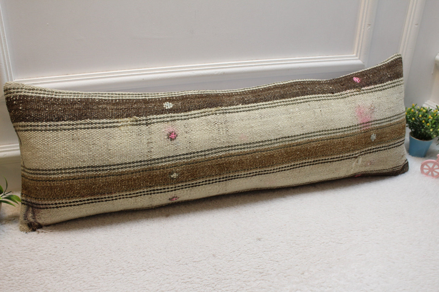 Striped Kilim Lumbar Pillow Cover: Beige & Brown, 12x36 inch