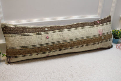 Striped Kilim Lumbar Pillow Cover: Beige & Brown, 12x36 inch