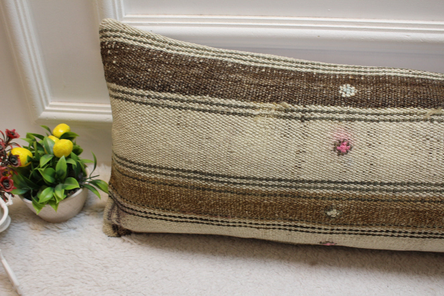 Striped Kilim Lumbar Pillow Cover: Beige & Brown, 12x36 inch