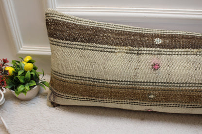 Striped Kilim Lumbar Pillow Cover: Beige & Brown, 12x36 inch
