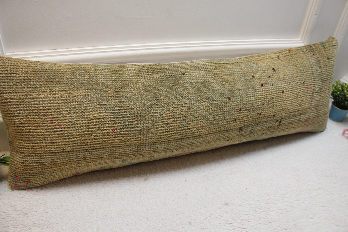 Beige Vintage Turkish Rug Pillow Cover: Handmade Wool Lumbar Pillow (12x36 in)