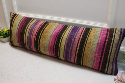 Striped Kilim Pillow Cover: Handmade Organic Wool, Purple Beige Black (12x36 in)