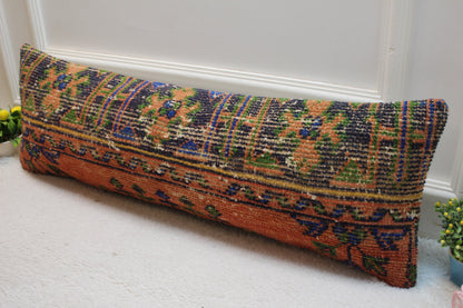 Handmade Geometric Turkish Rug Pillow: 12x36 Lumbar Cover