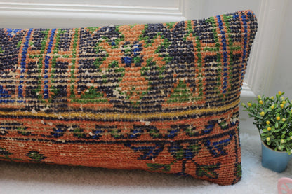 Handmade Geometric Turkish Rug Pillow: 12x36 Lumbar Cover