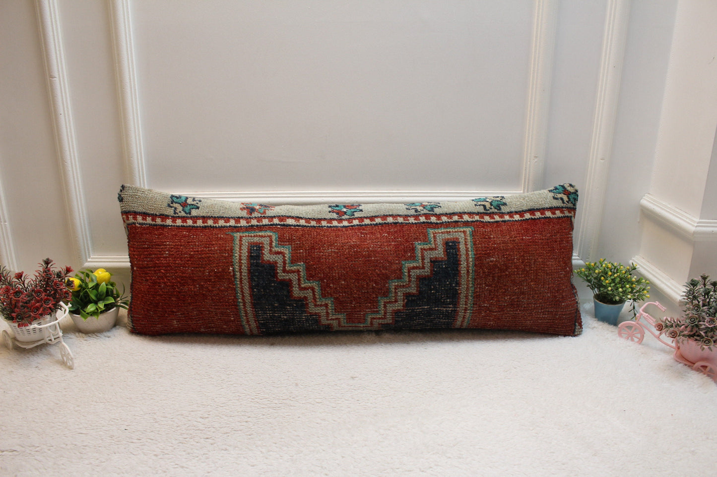 Handmade Kilim Pillow Cover (12x36 inch): Red & Black Boho Rug Pillow