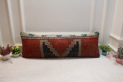 Handmade Kilim Pillow Cover (12x36 inch): Red & Black Boho Rug Pillow