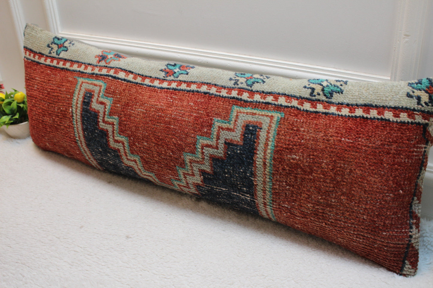 Handmade Kilim Pillow Cover (12x36 inch): Red & Black Boho Rug Pillow