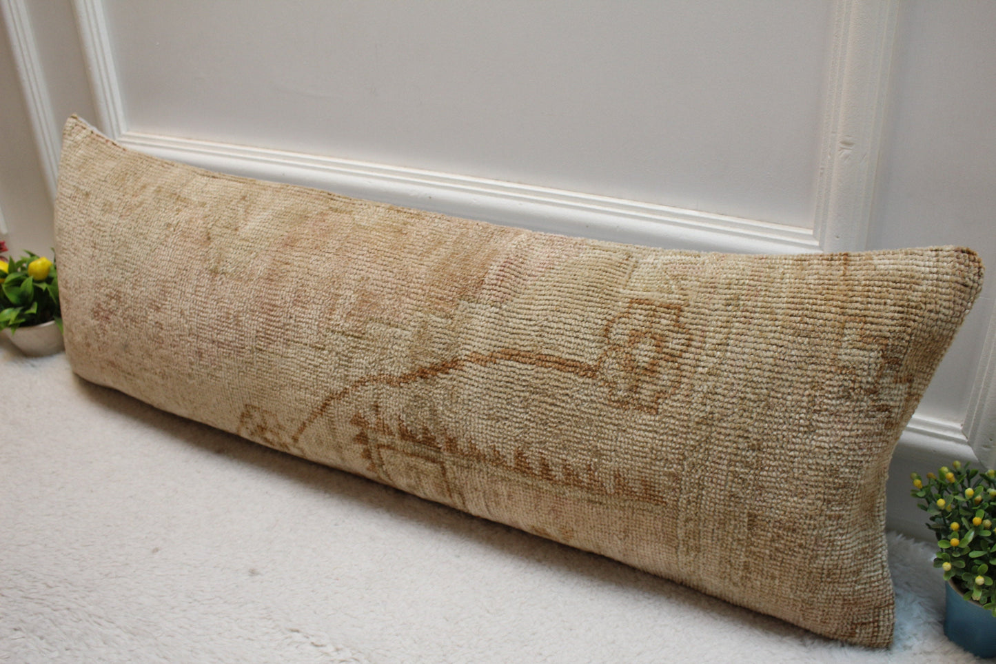 Handmade Vintage Turkish Rug Pillow Cover: Beige Brown Lumbar, 12x36 inch