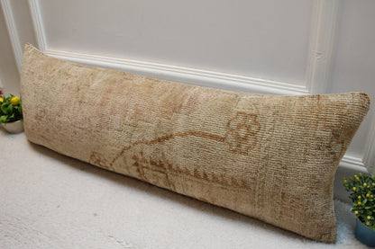 Handmade Vintage Turkish Rug Pillow Cover: Beige Brown Lumbar, 12x36 inch