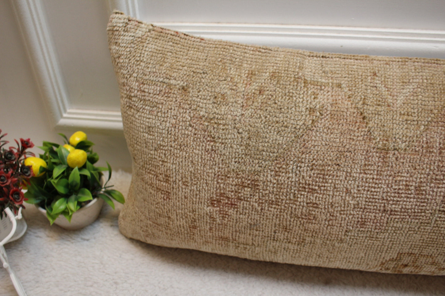 Handmade Vintage Turkish Rug Pillow Cover: Beige Brown Lumbar, 12x36 inch
