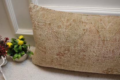 Handmade Vintage Turkish Rug Pillow Cover: Beige Brown Lumbar, 12x36 inch