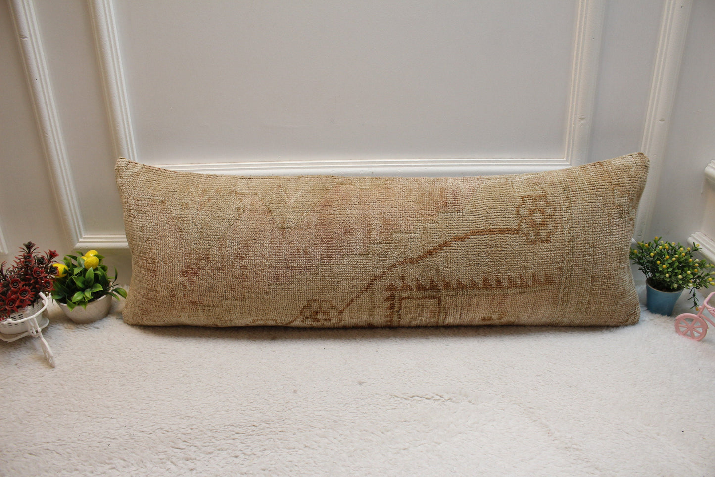 Handmade Vintage Turkish Rug Pillow Cover: Beige Brown Lumbar, 12x36 inch