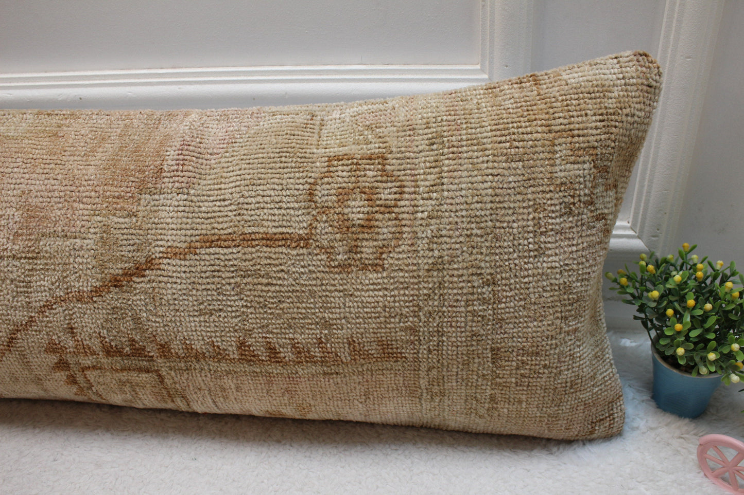 Handmade Vintage Turkish Rug Pillow Cover: Beige Brown Lumbar, 12x36 inch
