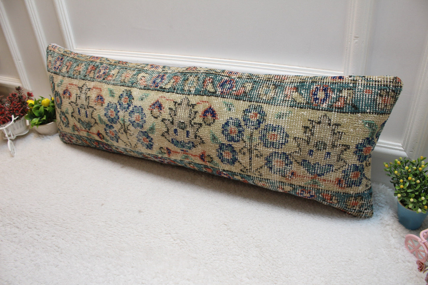 Floral Turkish Rug Lumbar Pillow: Handmade Wool Cushion Cover (12x36 in)