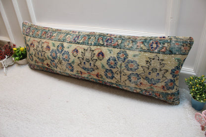 Floral Turkish Rug Lumbar Pillow: Handmade Wool Cushion Cover (12x36 in)