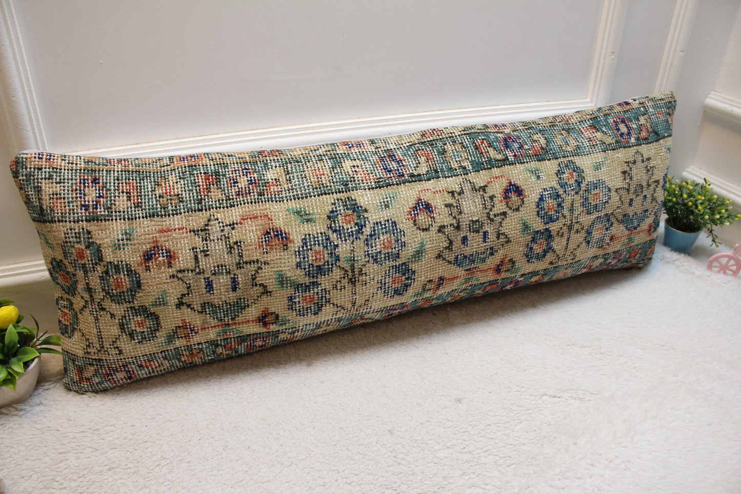 Floral Turkish Rug Lumbar Pillow: Handmade Wool Cushion Cover (12x36 in)