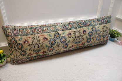 Floral Turkish Rug Lumbar Pillow: Handmade Wool Cushion Cover (12x36 in)