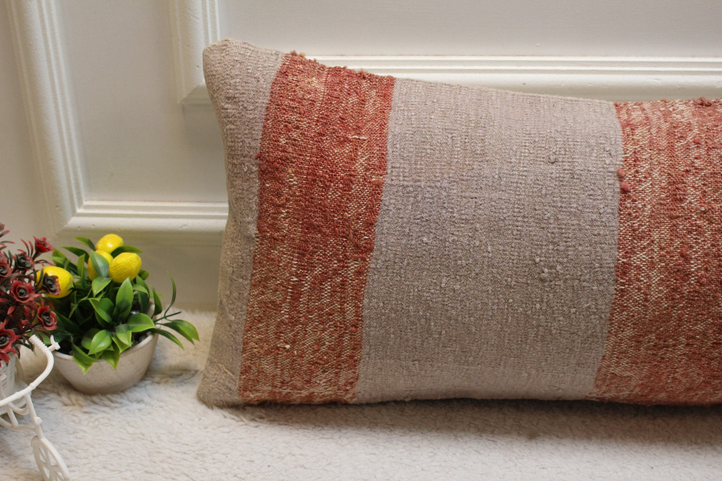 Striped Kilim Lumbar Pillow Cover: Vintage Woven Wool, 12x36 inch