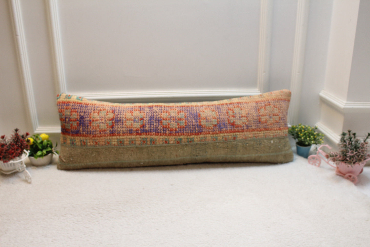 Handmade Turkish Kilim Lumbar Pillow Cover: Upcycled Woven Rug, 12x36 inc