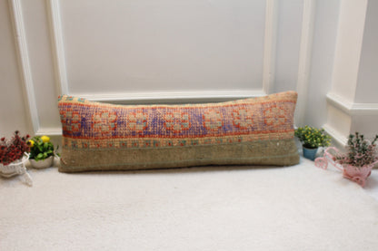 Handmade Turkish Kilim Lumbar Pillow Cover: Upcycled Woven Rug, 12x36 inc