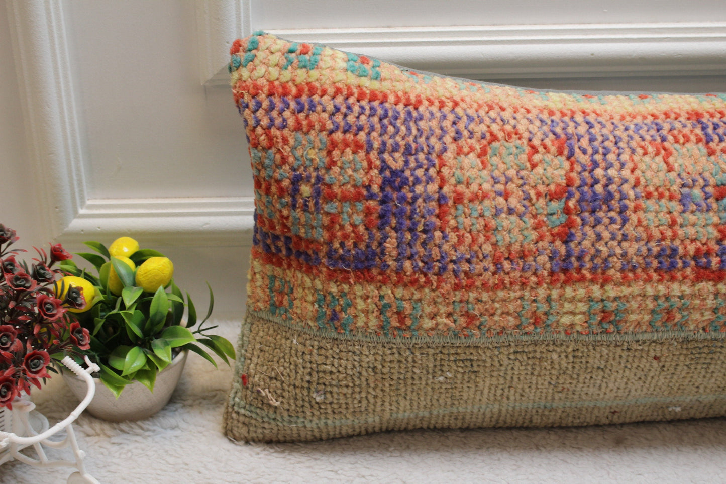 Handmade Turkish Kilim Lumbar Pillow Cover: Upcycled Woven Rug, 12x36 inc