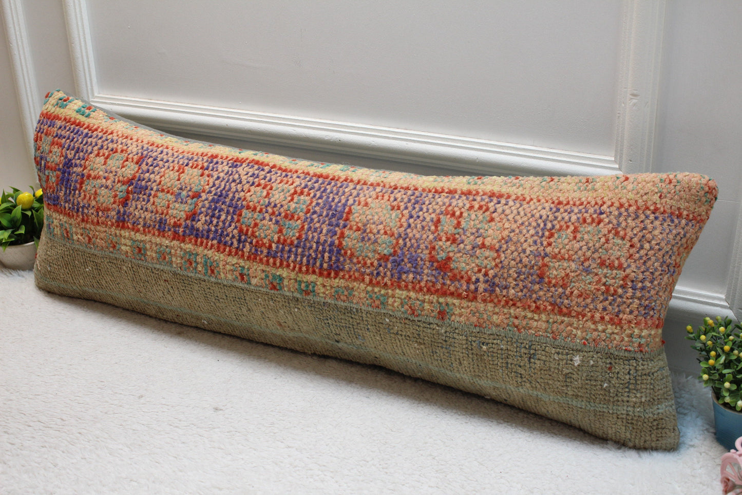Handmade Turkish Kilim Lumbar Pillow Cover: Upcycled Woven Rug, 12x36 inc