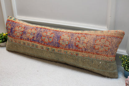 Handmade Turkish Kilim Lumbar Pillow Cover: Upcycled Woven Rug, 12x36 inc