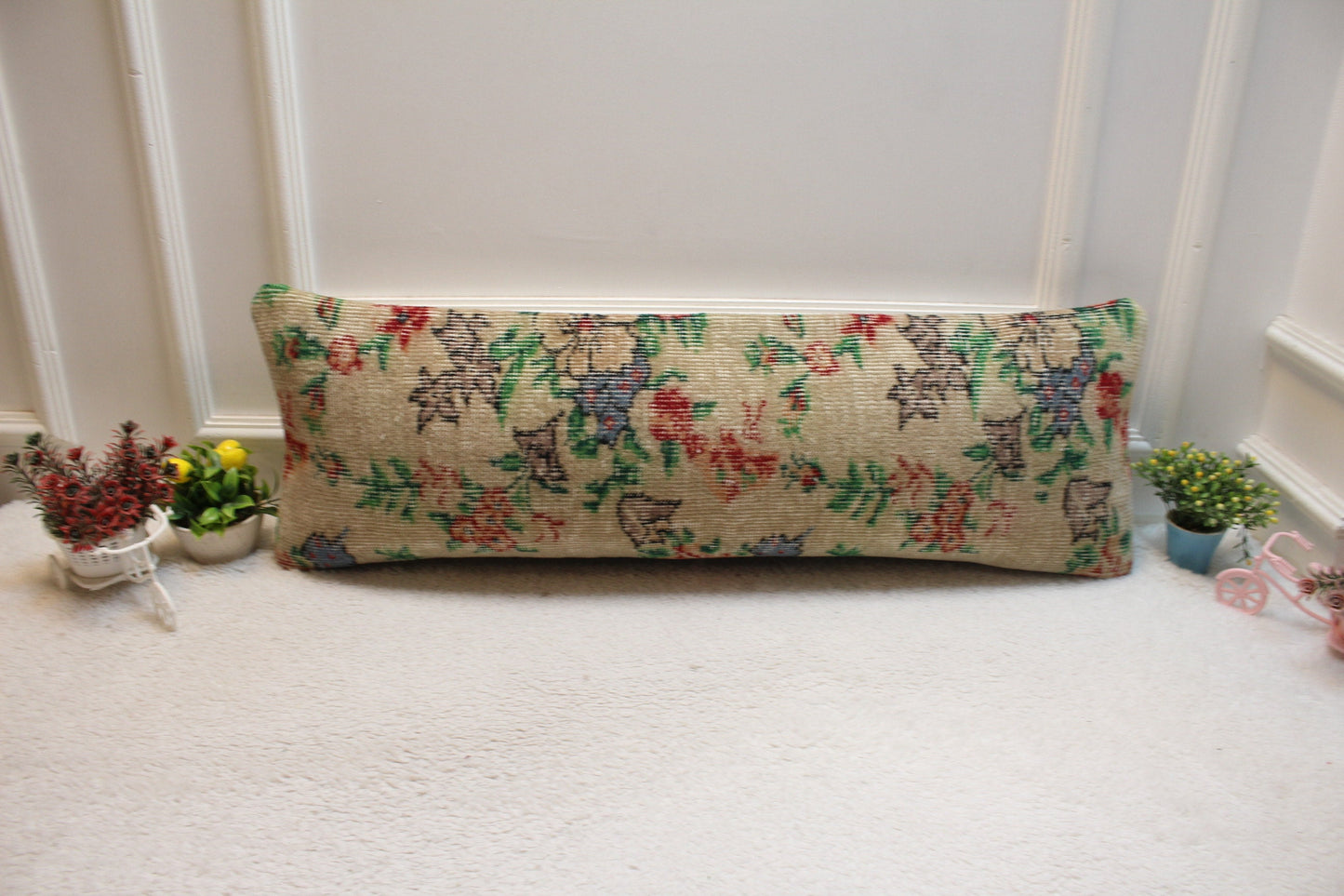 Floral Turkish Rug Lumbar Pillow Cover: 12x36 Beige Green Wool