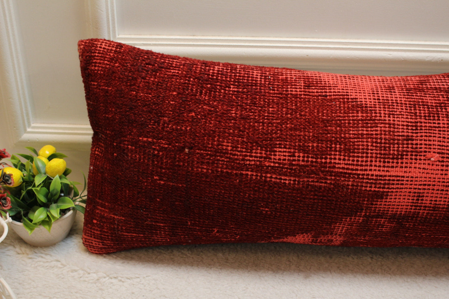 Handmade Red Kilim Pillow Cover: Upcycled Woven Rug, Boho Decor (12x36 inch)