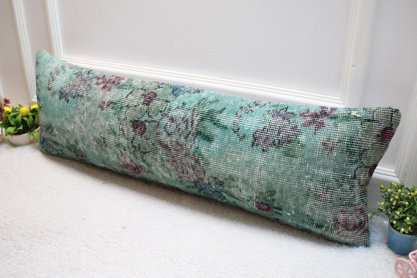 Vintage Turkish Rug Lumbar Pillow Cover: Green Floral, 12x36 inch