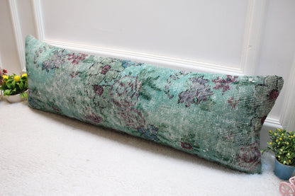 Vintage Turkish Rug Lumbar Pillow Cover: Green Floral, 12x36 inch