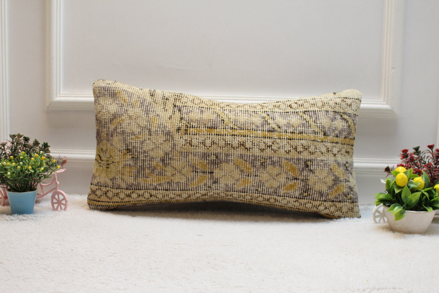 Floral Turkish Rug Pillow Cover: Handmade Wool Lumbar Pillow, 12x24