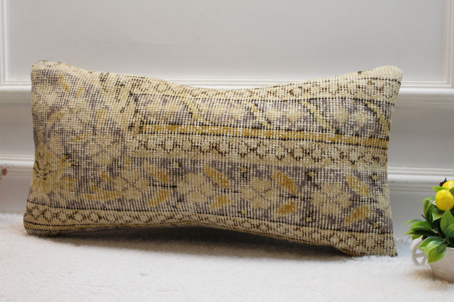 Floral Turkish Rug Pillow Cover: Handmade Wool Lumbar Pillow, 12x24