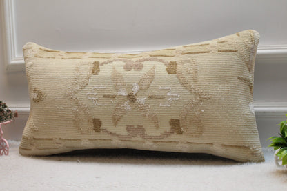 Handmade Beige Kilim Lumbar Pillow Cover: Floral Woven Rug, 12x24 inc