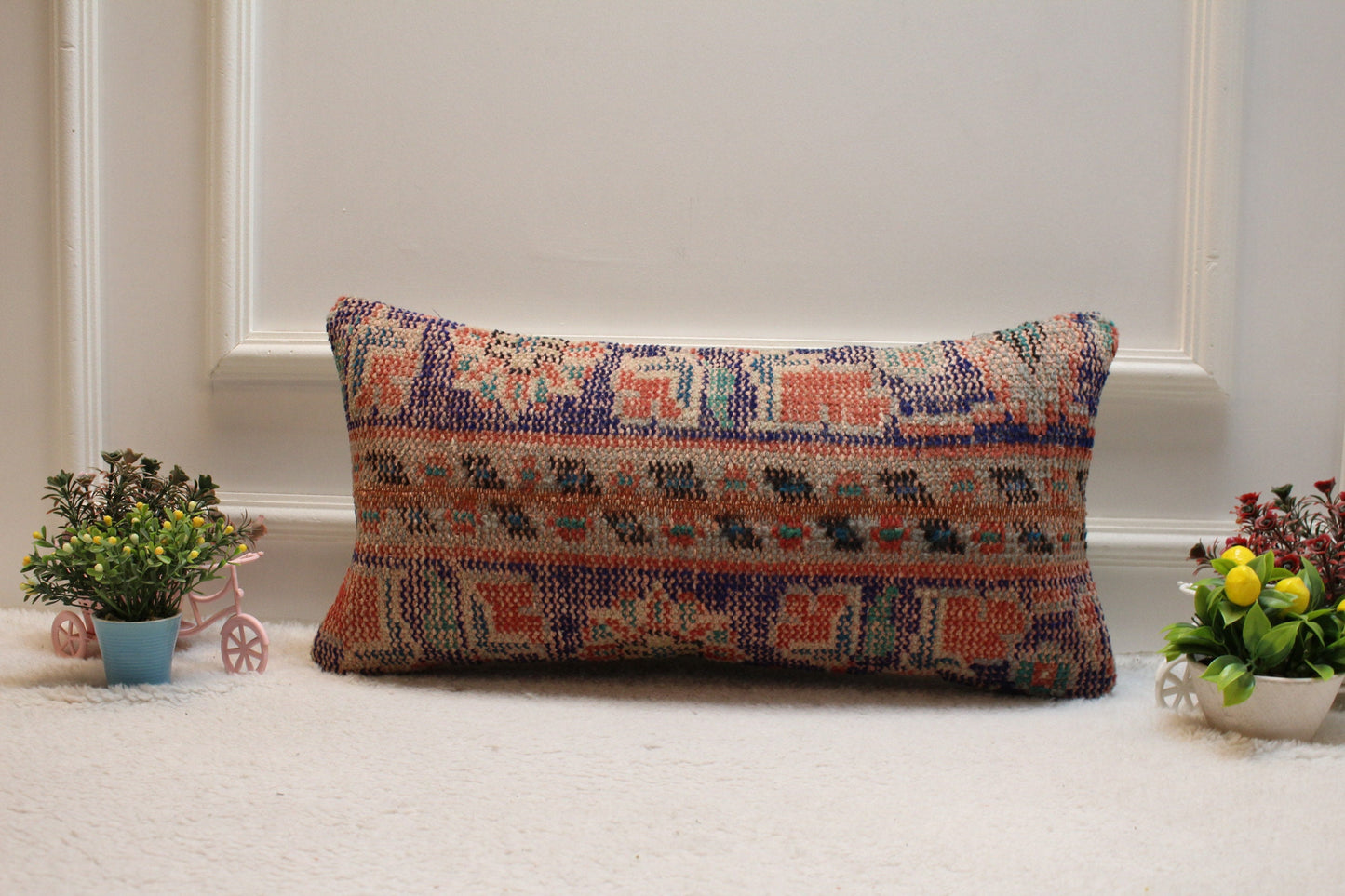 Handmade Turkish Kilim Lumbar Pillow Cover: Upcycled Wool, 12x24 inch