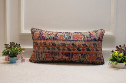 Handmade Turkish Kilim Lumbar Pillow Cover: Upcycled Wool, 12x24 inch