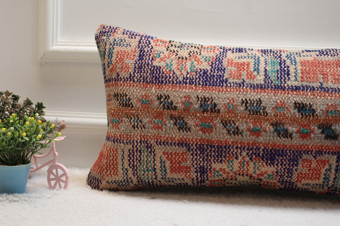 Handmade Turkish Kilim Lumbar Pillow Cover: Upcycled Wool, 12x24 inch