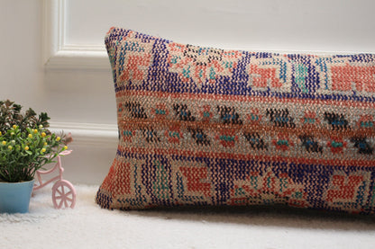 Handmade Turkish Kilim Lumbar Pillow Cover: Upcycled Wool, 12x24 inch
